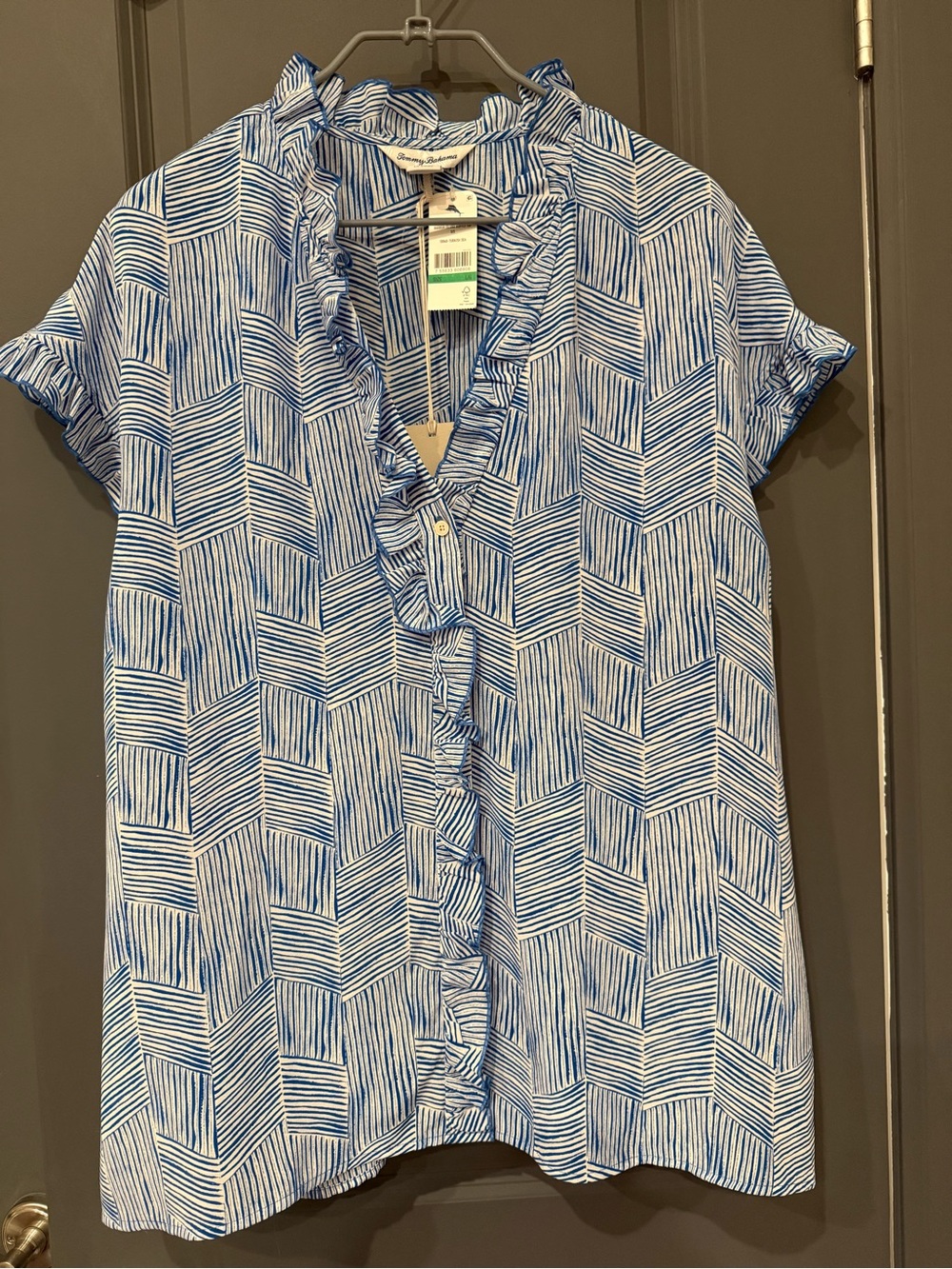 Tommy Bahama Harbor Island Ruffle Short Sleeve Blouse in Blue & White - Large